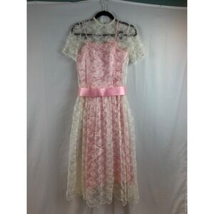 Vintage Pink Satin Slip Dress with Lace Overlay‎ Midi Dress Size Small